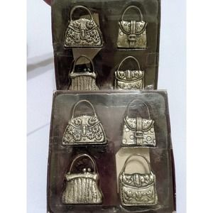 Set of 8 Pewter bag purse Place Card Holders And Place Cards nib placeframes